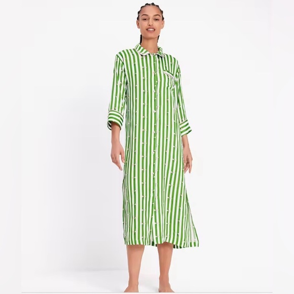 NWT Kate Spade Dragonfly Stripe Pajama Shirt Dress Green White Pink Size Medium - Picture 1 of 15